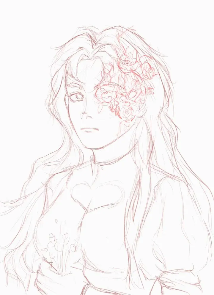 A red-brown line drawing of a woman with long hair and a serious look, with roses growing over one side of her face.