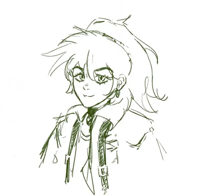 A dark green line drawing of a smiling person with a high ponytail, an earring and a jacket with buckled straps, on white.