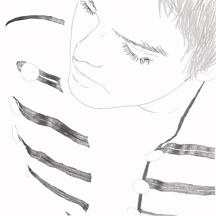 A black and white line drawing of a person with closed eyes and a bowed head, in a jacket with thick striped braid on the chest, on a white background.