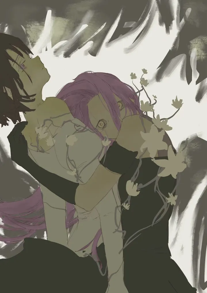 A dark-haired person tilts their head back while a pink-haired person with a wide-eyed stare clings to them, among vines and pale flowers in muted green tones.