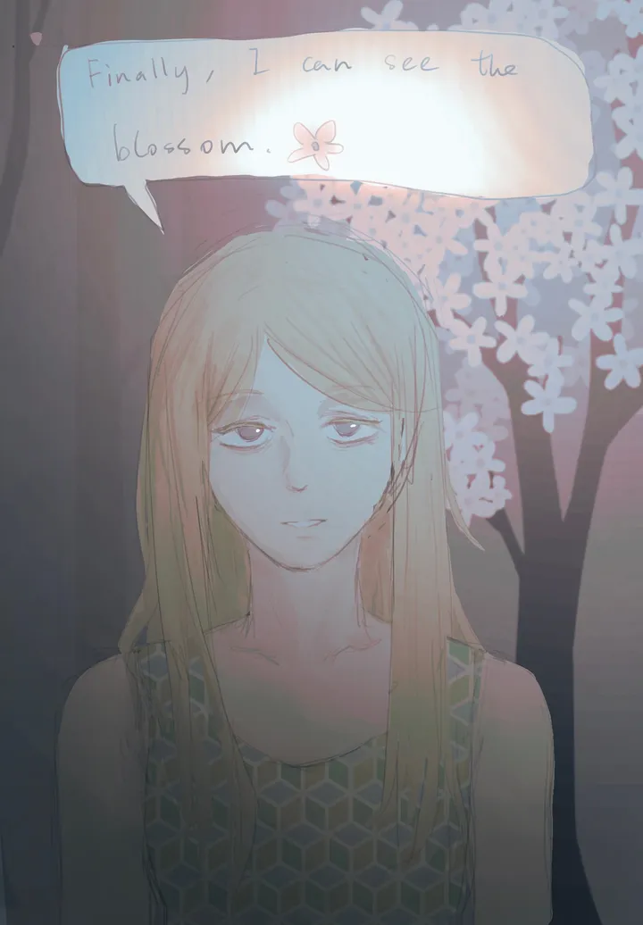 A long-haired girl with a tired expression stands before a blossoming tree in dim light. Text reads: Finally, I can see the blossom.