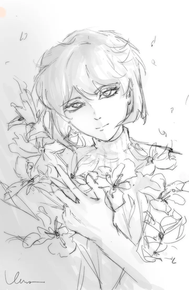 A grey sketch of a short-haired person with a calm, slight smile, surrounded by white lilies, with a hand resting on the chest.