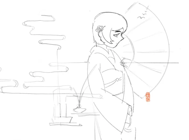 A short-haired woman in a kimono with a flower hair clip stands in side view before a large folding fan, with a small red seal at lower right.