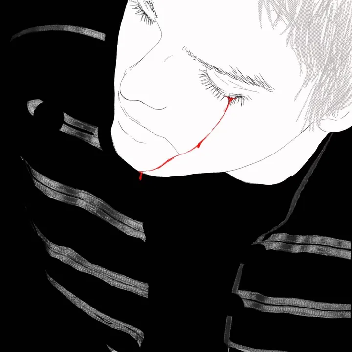 A person with closed eyes and a bowed head in white and grey line art, a red line running from one eye down the face, against black with striped sleeves.