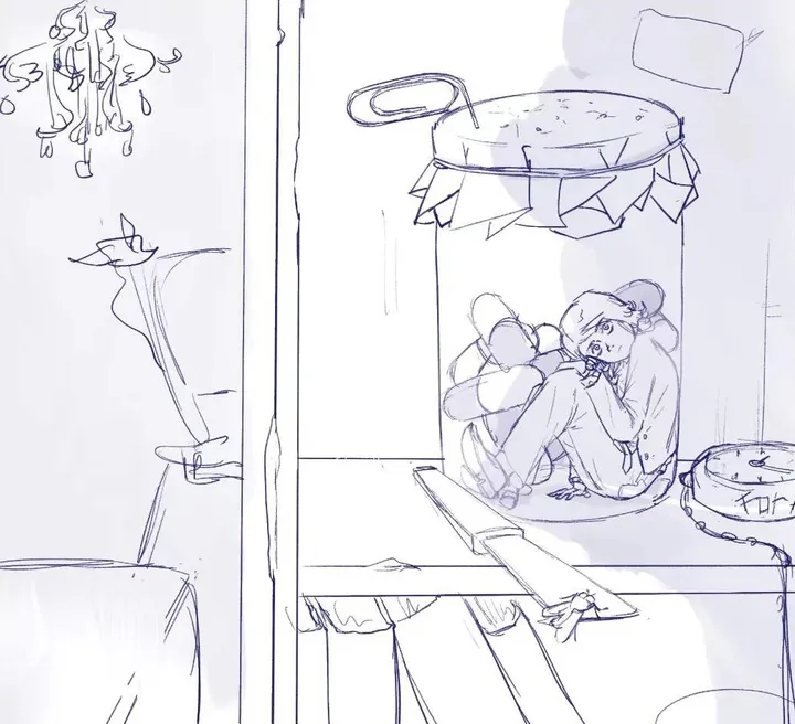 A person curled up inside a large glass jar on a shelf, with a chandelier, a paper clip and a pocket watch nearby, in pale blue-violet lines.