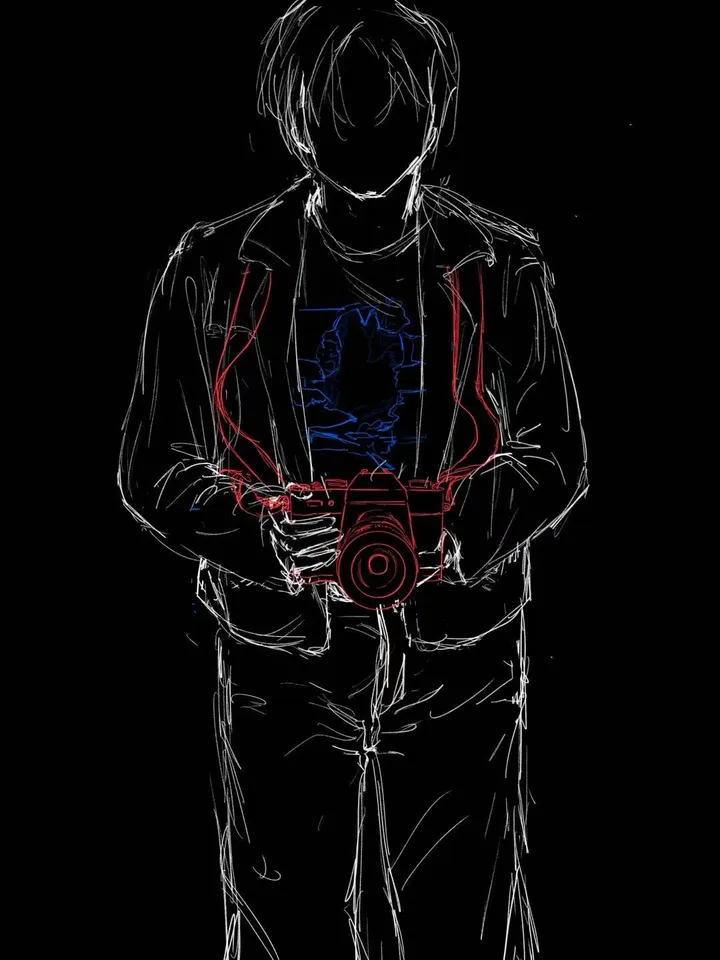 A faceless standing figure with short hair and an open jacket in white outline on black, holding a red camera with a red strap.
