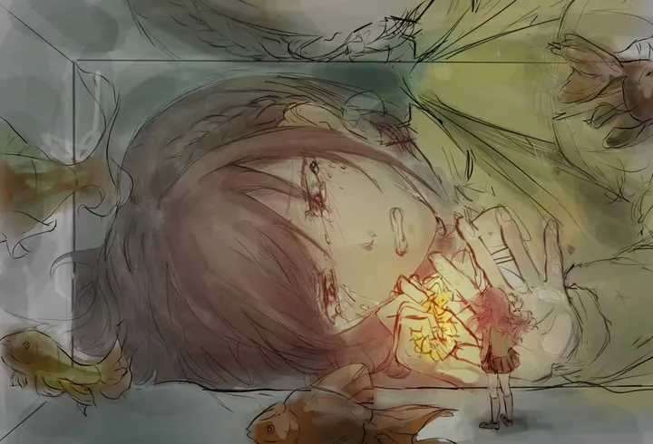 A giant girl lies on her side with teary eyes, holding a glowing light in her hands, while a tiny girl in a skirt stands below and goldfish swim nearby.