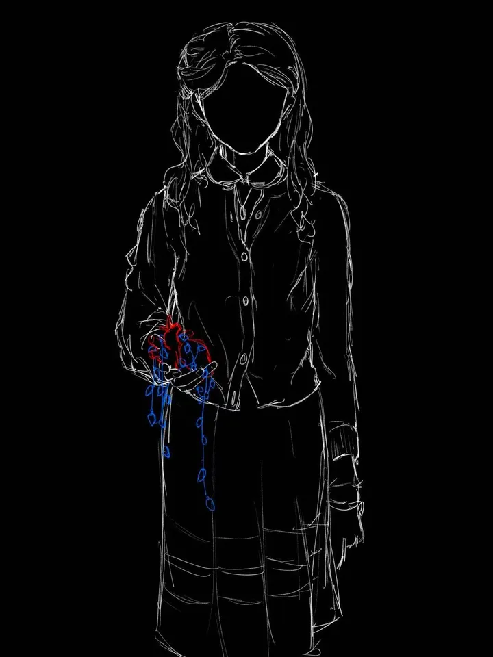 A faceless girl with long hair, shirt and skirt in white outline on black, holding a small red heart with blue dripping beads in her open hand.