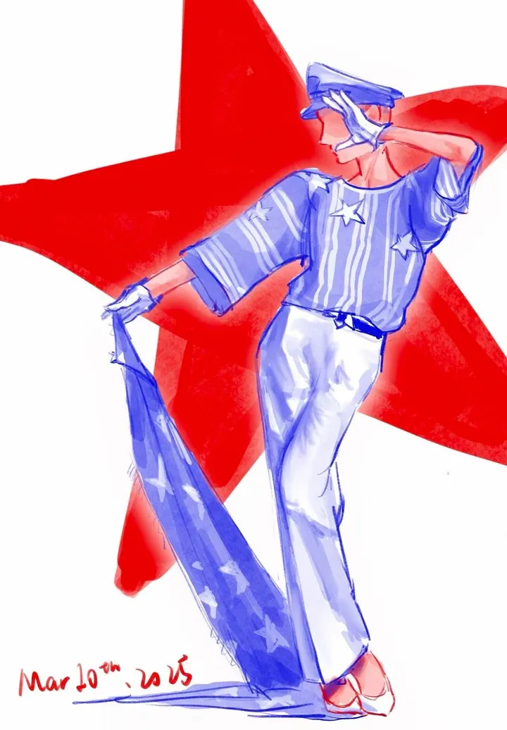A person in a cap and star-patterned top salutes, holding a long blue cloth, in front of a red star. Text reads: Mar 10th, 2025.