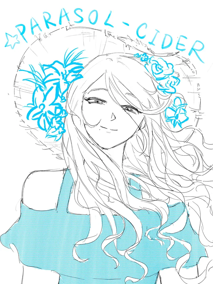 A smiling woman with long wavy hair and blue flowers, drawn in black line art with a blue off-the-shoulder top. Text reads: PARASOL-CIDER.