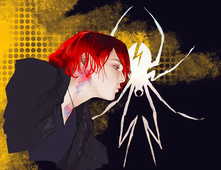 A person with bright red hair and a black jacket leans toward a white spider silhouette against a dark background with yellow dotted and sponged patches.