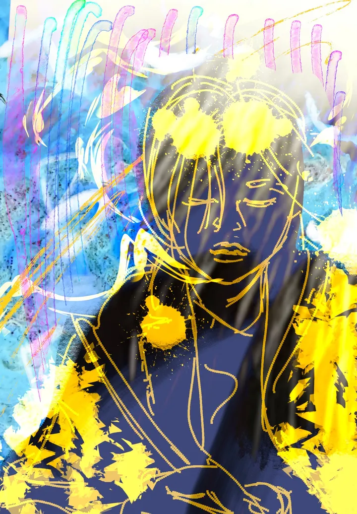 A face with closed eyes and long dark hair outlined in gold, overlaid with yellow paint splashes and blue, pink and violet brush strokes.