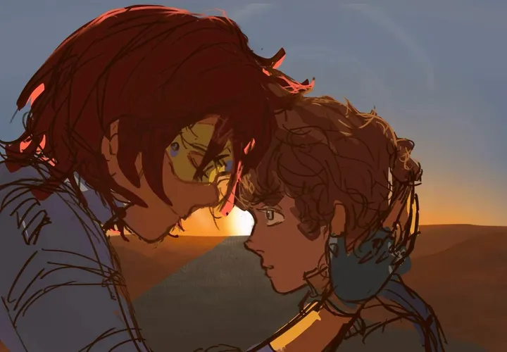 Two young people press their foreheads together in profile against a desert sunset, one with long red-brown hair and one with short curly hair.