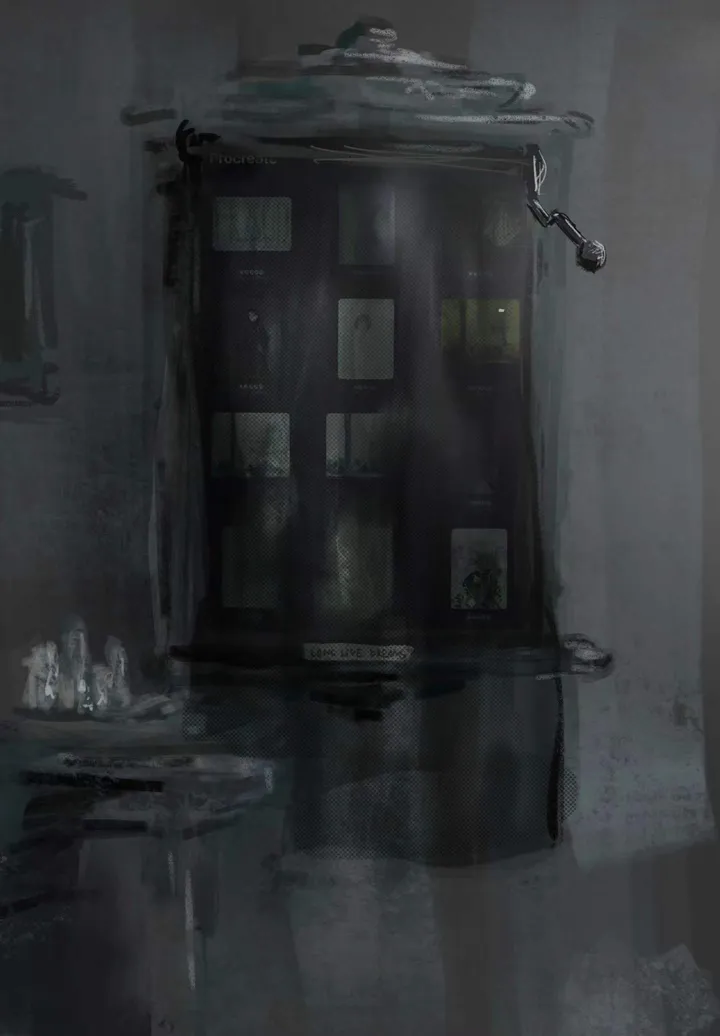 A drawing app’s gallery of small thumbnail images sits inside a tall dark cabinet shape with a lid on top, in murky grey. Text reads: Procreate; LONG LIVE DREAMS.