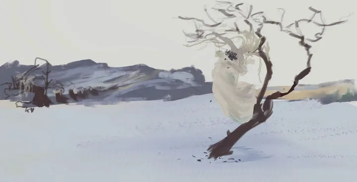 A twisted bare tree with a pale figure in a flowing dress among its branches stands on a snowy plain with distant blue hills.