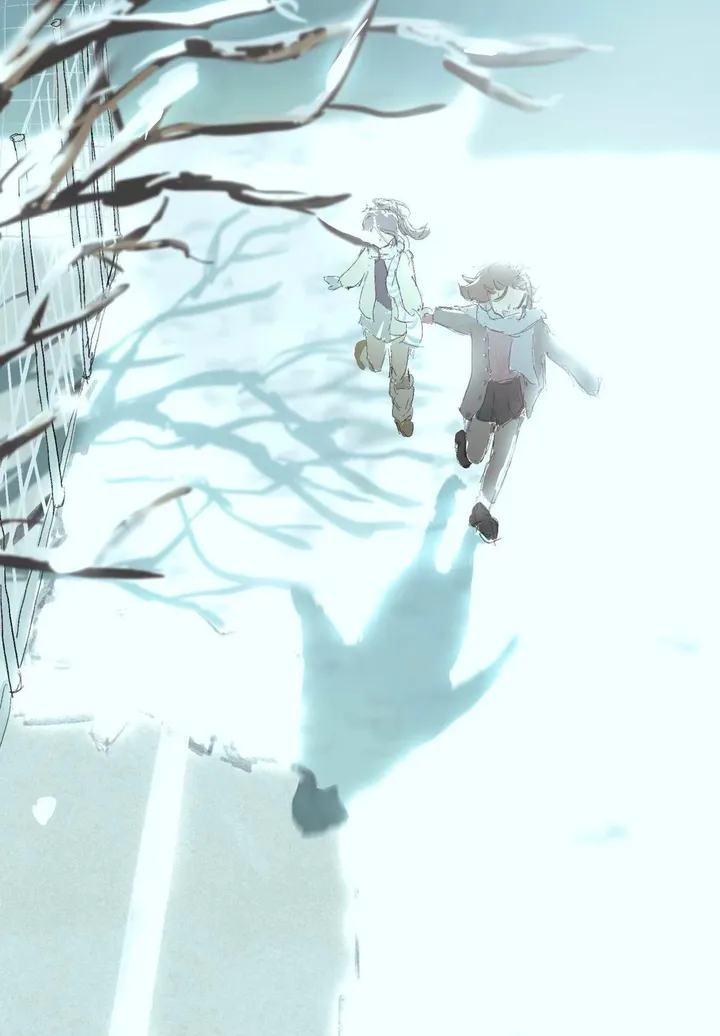 Two girls run hand in hand across bright white snow seen from above, with bare branches, a fence and long blue shadows.